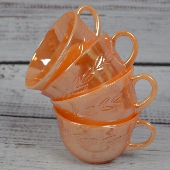 Fire King Vintage Peach Luster Ware Laurel Leaf Pattern Set of 4 Tea Cups READ - Picture 1 of 12